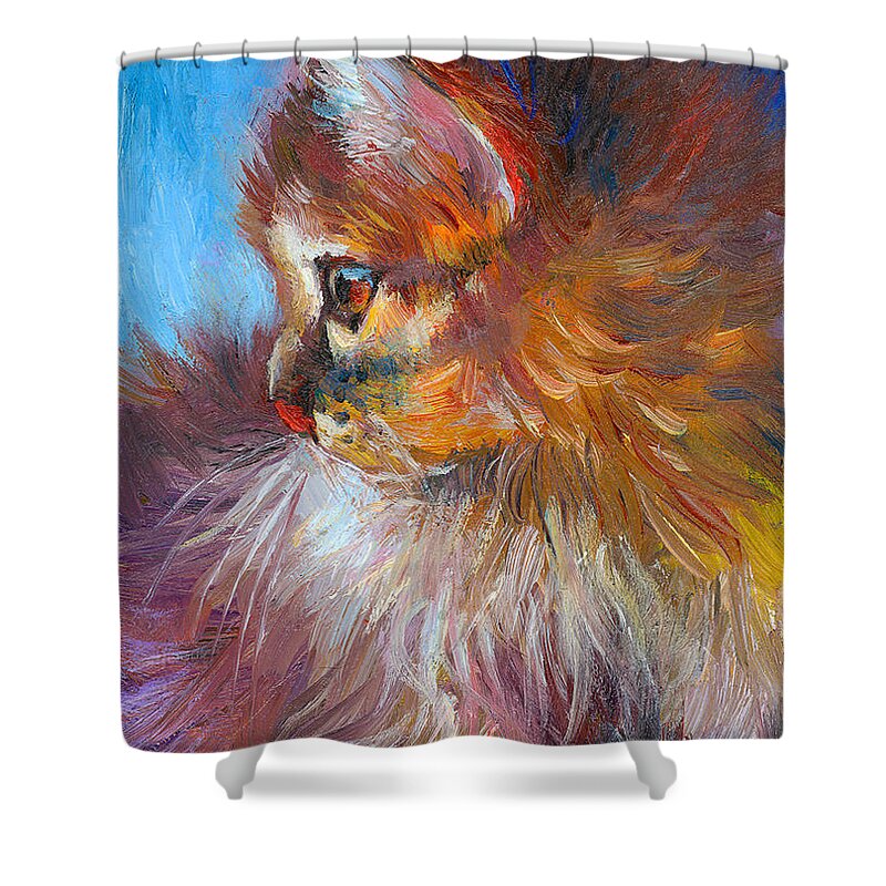 Tubby Cat Painting Shower Curtain featuring the painting Curious Tubby Kitten painting by Svetlana Novikova