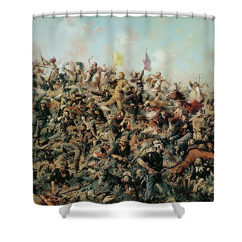 Battle Of Little Bighorn; Battlefield; Soldiers; Troops; Native American Indians; Tribe; Flags; Banners; War; Warfare; American Indian Wars; Big Horn; Paxon; Demise; Defeat Shower Curtain featuring the painting Custer's Last Stand by Edgar Samuel Paxson