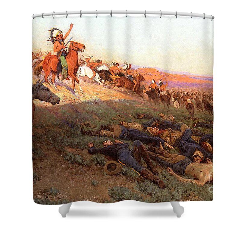 Custer's Last Stand; Battle; Little Bighorn; Greasy Grass; George Armstrong Custer; Crazy Horse; Native American Indian; Indians; Americans; United States; Army; Cavalry; Horses; Great Sioux War; Lakota; Northern Cheyenne; Arapho; Dead; Death; Bodies; Triumph; Victory; Triumphal; Leader; Dusk; Sunset; Dramatic; Heroic; Black Hills War; Combat; Warfare; Battles Shower Curtain featuring the painting Custer's Last Stand by Richard Lorenz