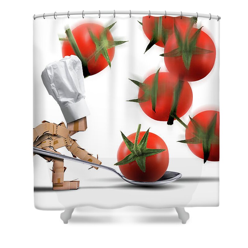 Kitchen Shower Curtain featuring the digital art Cute chef box character catching tomatoes by Simon Bratt