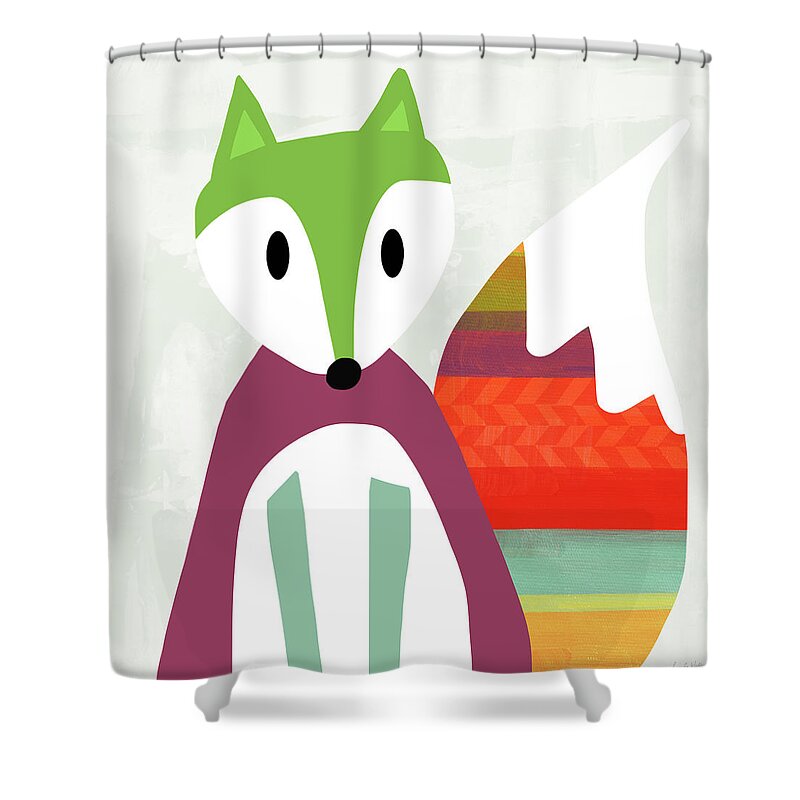 Fox Shower Curtain featuring the mixed media Cute Purple And Green Fox- Art by Linda Woods by Linda Woods