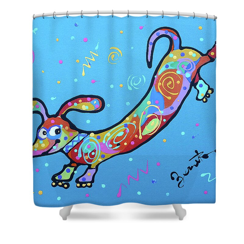  Pet Dog Portrait Puppy Bright Colours Painting Hotdog Frankfurter Shower Curtain featuring the painting Dachshund Cute and Funny by Leon Zernitsky