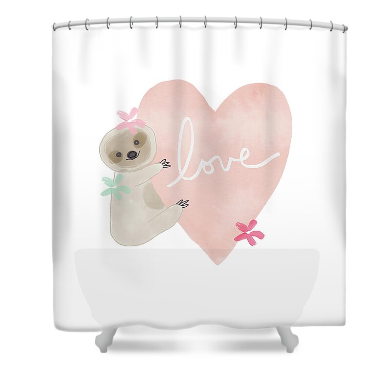 Sloth Shower Curtain featuring the mixed media Cute Sloth With Heart Coral- Art by Linda Woods by Linda Woods