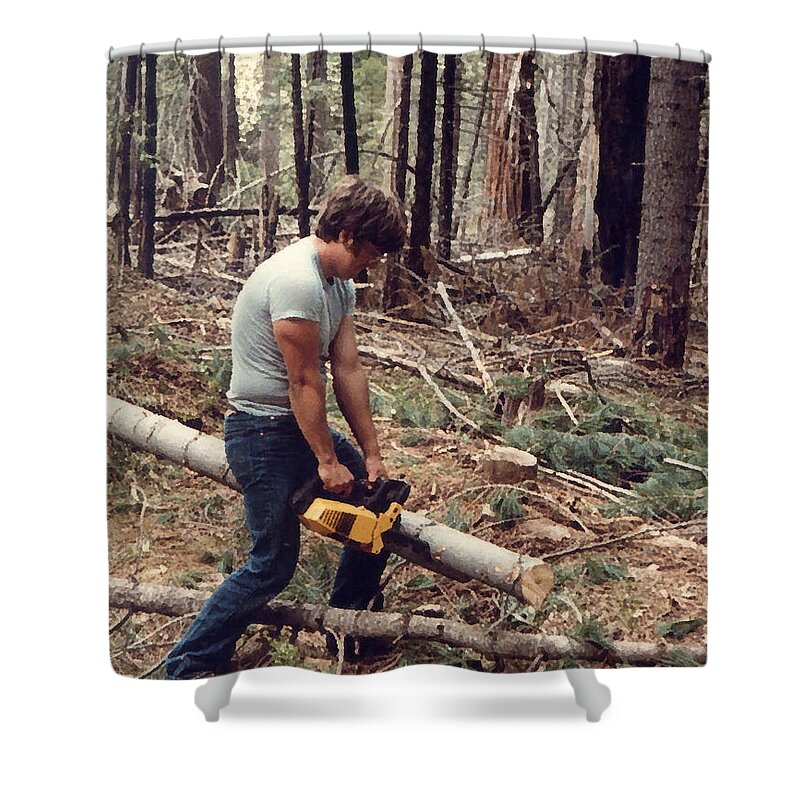 Vernon Shower Curtain featuring the painting Cutting Wood In Blue Canyon by Gail Daley