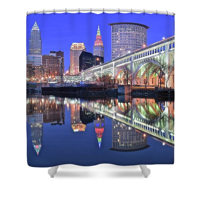 Cuyahoga Shower Curtain featuring the photograph Cuyahoga River Blue Hour by Frozen in Time Fine Art Photography