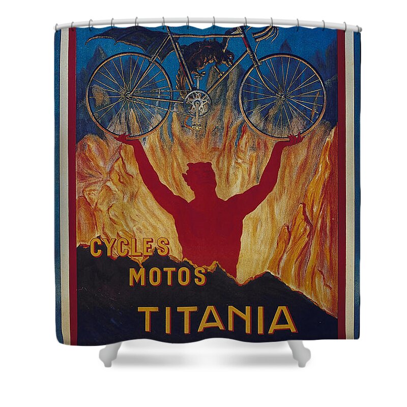 Cycles Motos Titania Shower Curtain featuring the painting Cycles Motos Titania vintage bicycle poster by Vintage Collectables