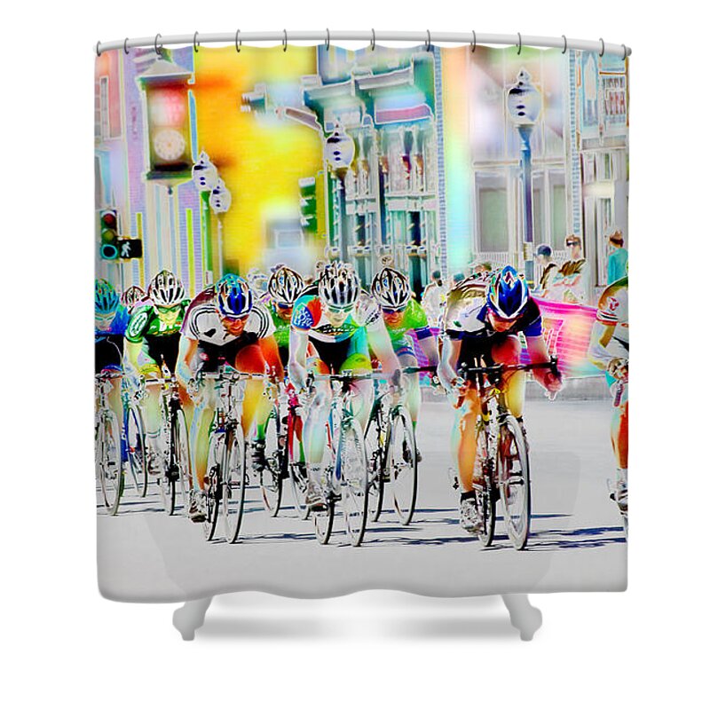 Photo Art Shower Curtain featuring the digital art Cycling Down Main Street USA by Vicki Pelham