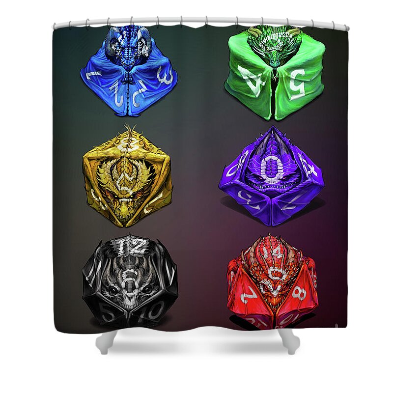 Dragon Shower Curtain featuring the digital art D4-20 Dragon dice poster by Stanley Morrison