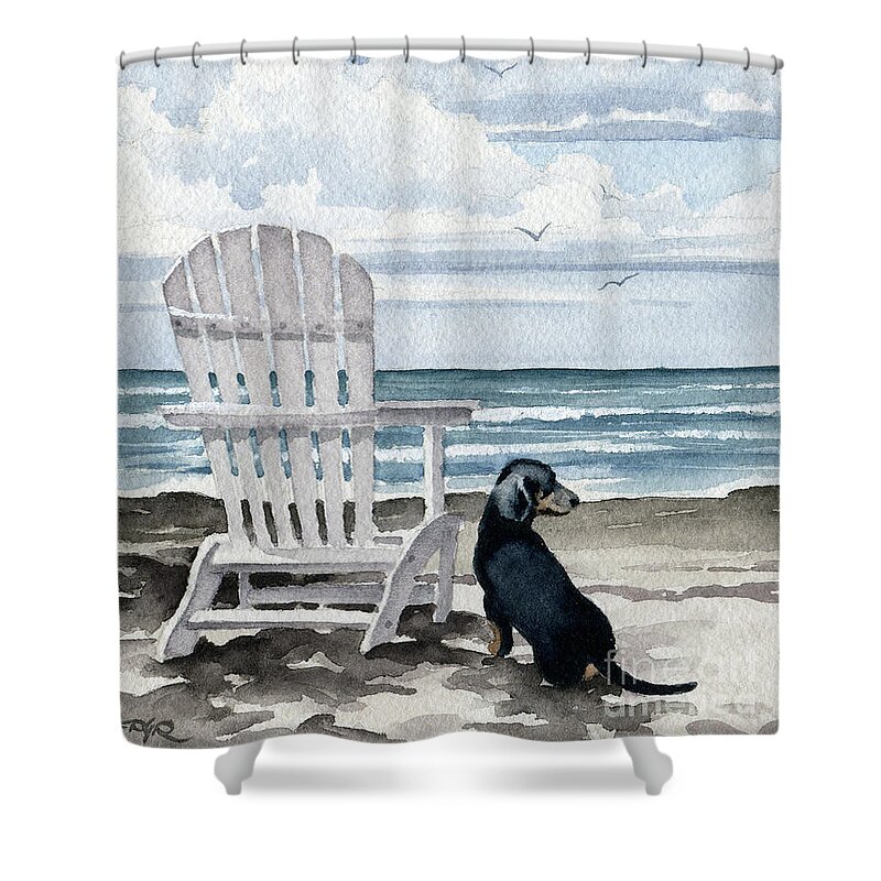 Dachshund Shower Curtain featuring the painting Dachshund by the beach by David Rogers