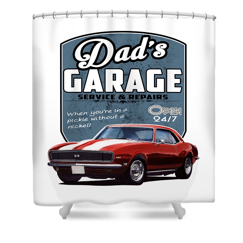 Red Shower Curtain featuring the digital art Dad's Garage-1968 Camaro by Paul Kuras