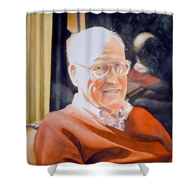 Portrait Shower Curtain featuring the painting Dad's Red Sweater by Barbara Pease