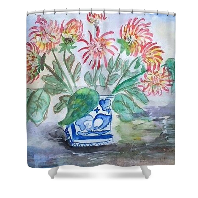 Watercolor Shower Curtain featuring the painting Dahlias in blue vase by Dottie Visker