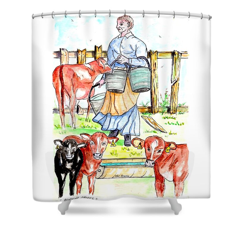 Farm Life Shower Curtain featuring the mixed media Daily Chores by Philip And Robbie Bracco