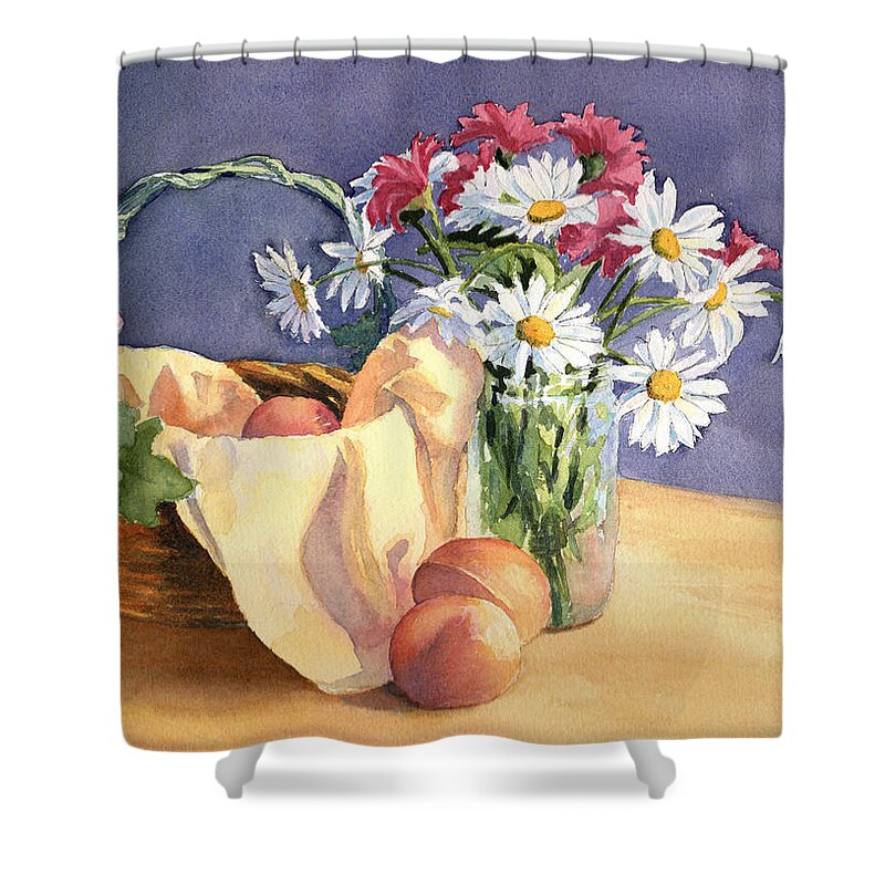 Daisies Shower Curtain featuring the painting Daisies and Peaches by Vikki Bouffard