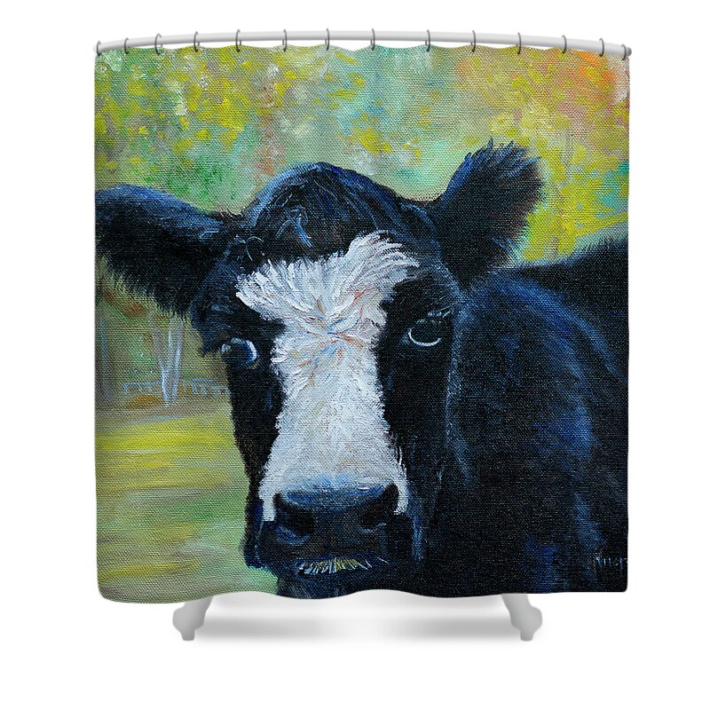 Cow In A Fall Pasture On A Beautiful Day Shower Curtain featuring the painting Daisy the Cow by Kathy Knopp