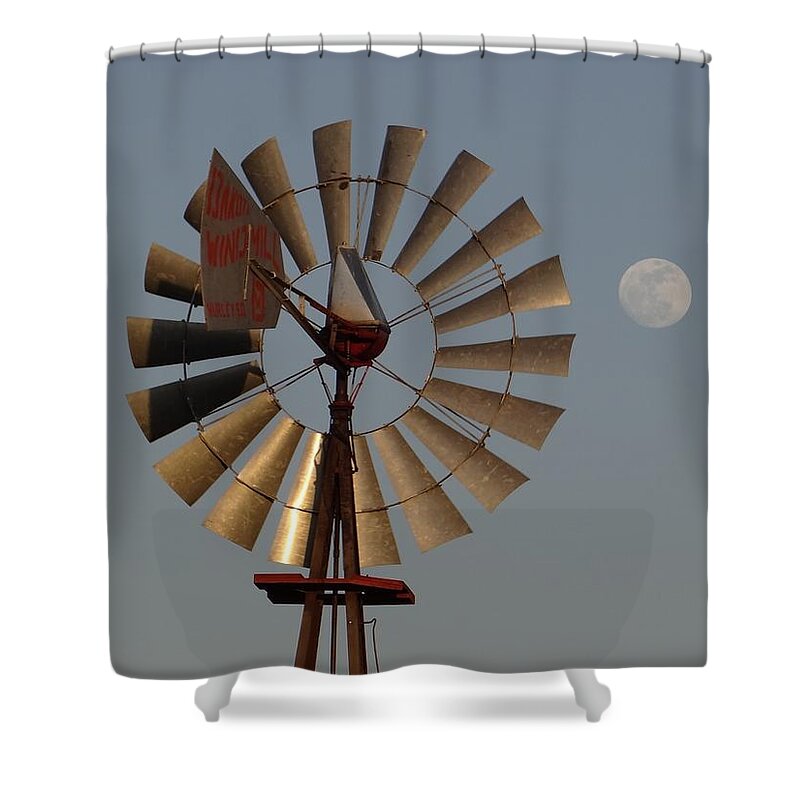 Windmill Shower Curtain featuring the photograph Dakota Windmill And Moon by Keith Stokes