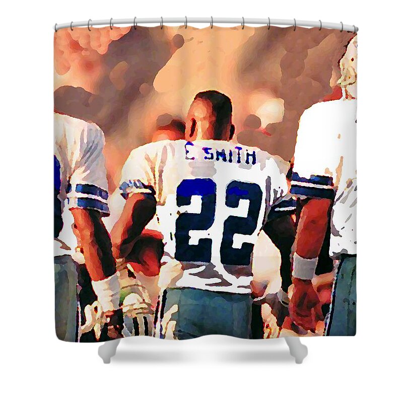 Dallas Cowboys Shower Curtain featuring the mixed media Dallas Cowboys Triplets by Paul Van Scott