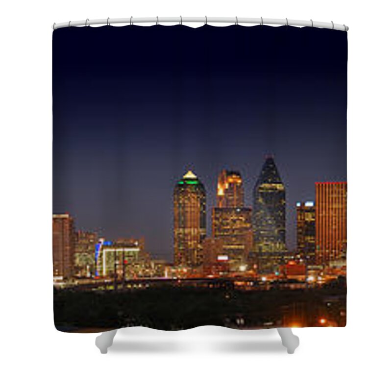 Dallas Skyline Night Shower Curtain featuring the photograph Dallas Skyline at Dusk Big Moon Night by Jon Holiday