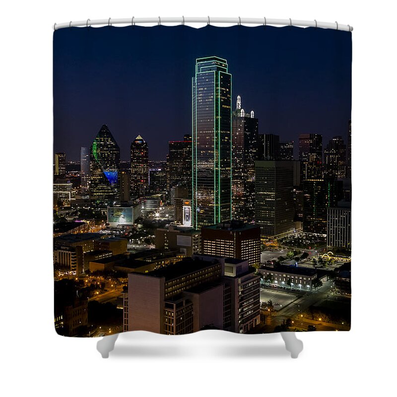 Dallas Shower Curtain featuring the photograph Dallas Skyline Evening glow by Andy Myatt