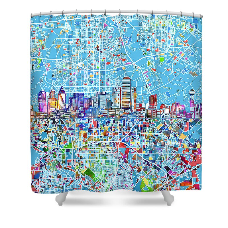 Dallas Shower Curtain featuring the painting Dallas Skyline Map Blue 3 by Bekim M