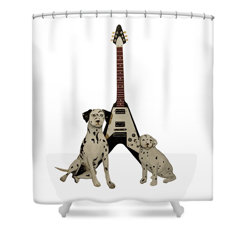 Music Shower Curtain featuring the painting Dalmation Pups and the Flying V by John Stuart Webbstock