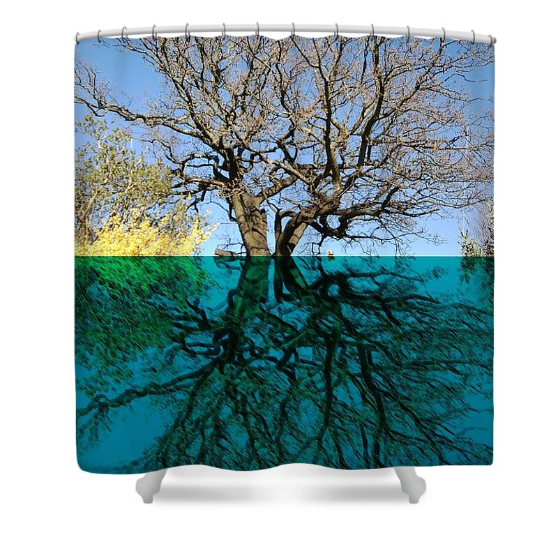 Dancers Shower Curtain featuring the mixed media Dancers Tree Reflection by Julia Woodman