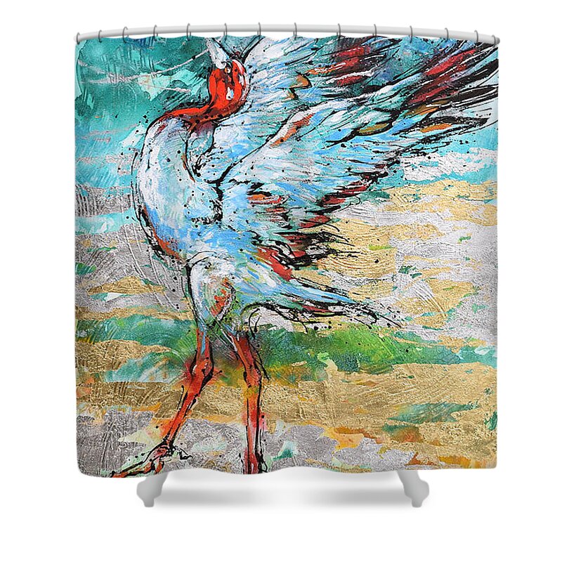 Sarus Cranes In Mating Dance. Birds Shower Curtain featuring the painting Dancing Crane 2 by Jyotika Shroff