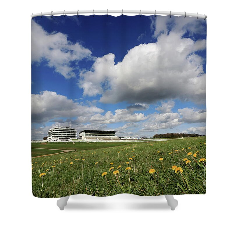 Dandelions On Epsom Downs Uk Fluffy Cumulus Clouds English Landscape Countryside Shower Curtain featuring the photograph Dandelions on Epsom Downs UK by Julia Gavin