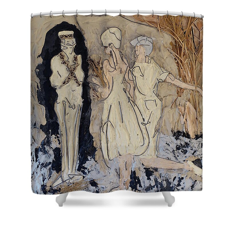 Daphnis Shower Curtain featuring the painting Daphnis and Chloe vow their love before Pan by Peregrine Roskilly