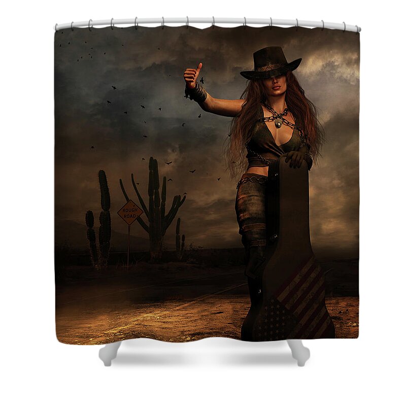 Hitch Hiker Shower Curtain featuring the digital art Dark Desert Highway by Shanina Conway