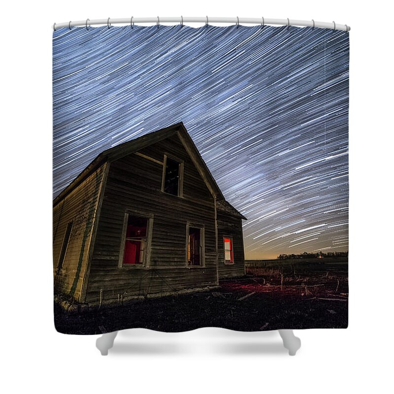 Dark Places Shower Curtain featuring the photograph Dark Place with Star Trails by Aaron J Groen