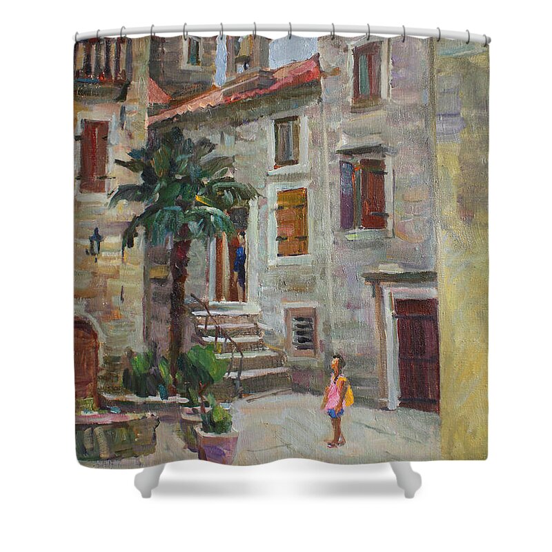 Landscape Shower Curtain featuring the painting Dasha in the old town by Juliya Zhukova