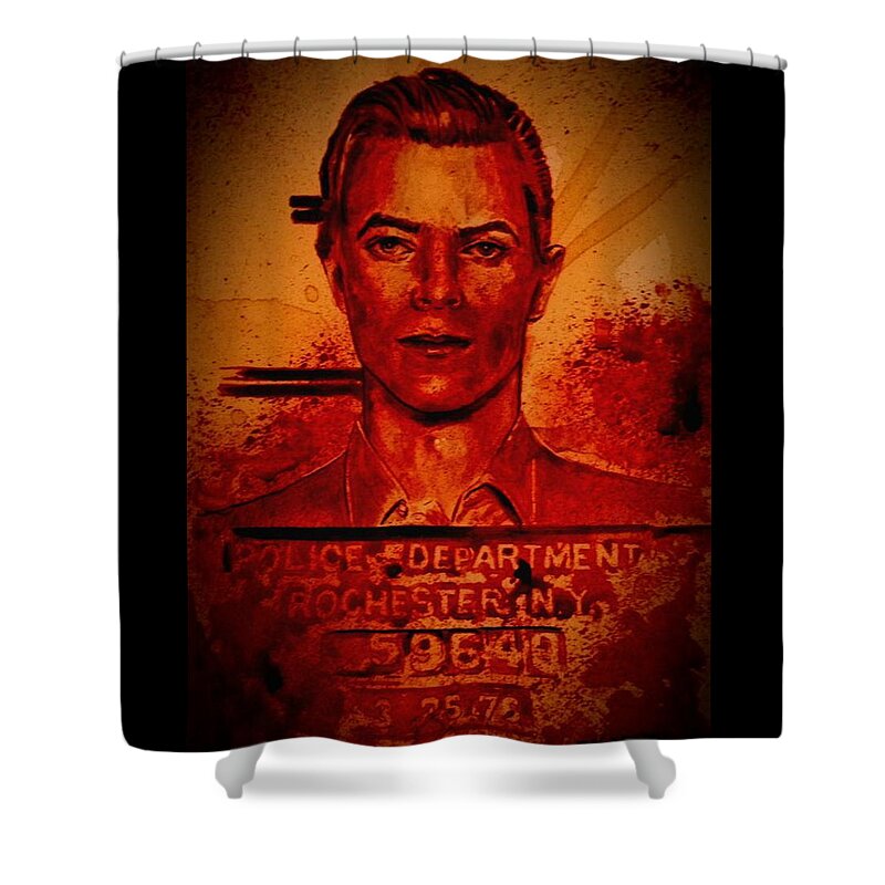 David Bowie Shower Curtain featuring the painting DAVID BOWIE MUGSHOT 1976 - fresh blood by Ryan Almighty