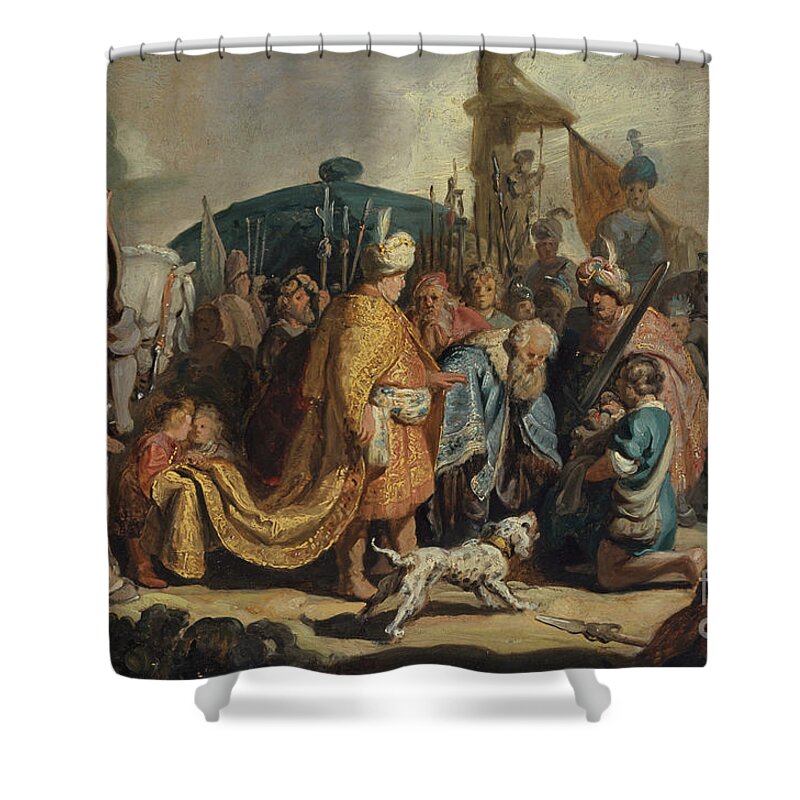 Rembrandt Harmensz Van Rijn Shower Curtain featuring the painting David with the Head of Goliath before Saul by Rembrandt Harmensz van Rijn