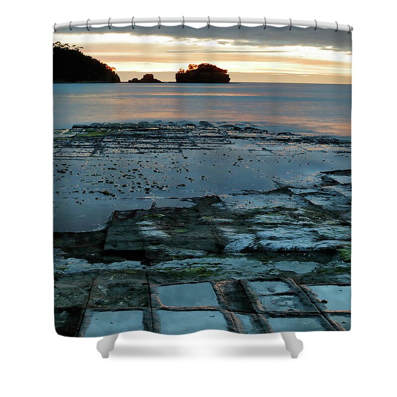 Dawn Shower Curtain featuring the photograph Dawn at the Tessellated Pavement by Nicholas Blackwell