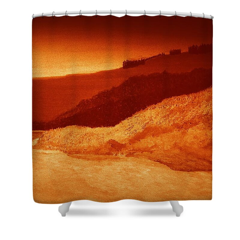 Dawn River Mountains Bridge Landscape Cold Lonely Rapids Shower Curtain featuring the painting Dawn by Bill OConnor