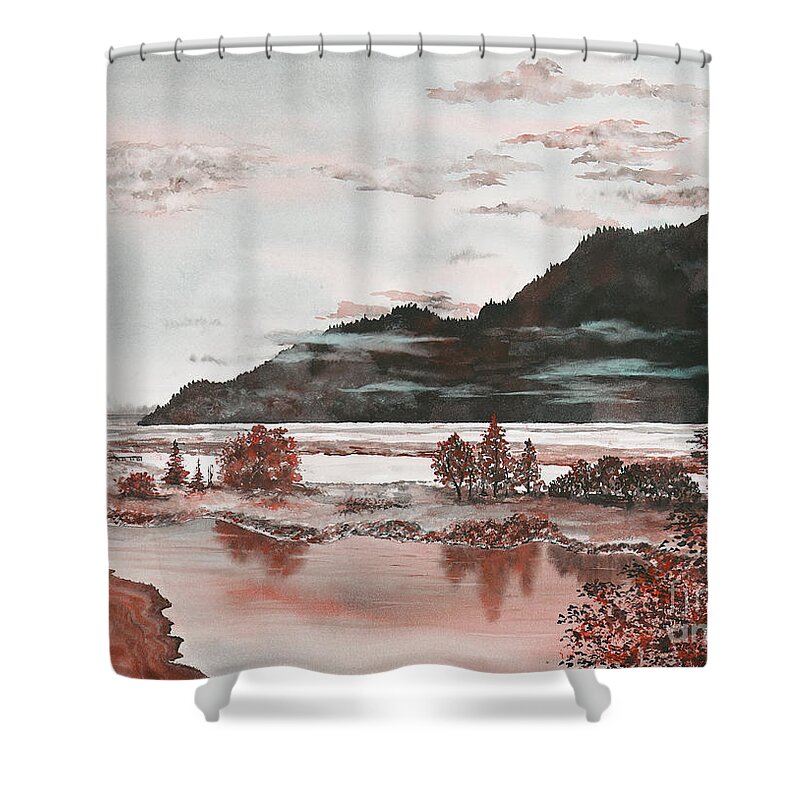 Pacific Northwest Shower Curtain featuring the painting Orange Dawn by Lisa Debaets