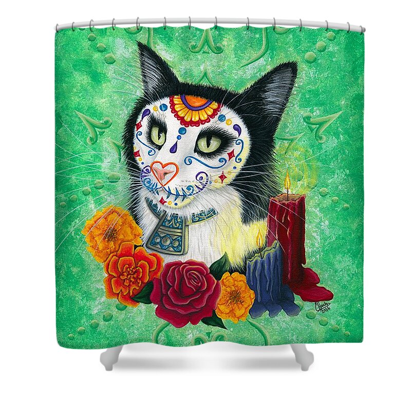 Dia De Los Muertos Gato Shower Curtain featuring the painting Day of the Dead Cat Candles - Sugar Skull Cat by Carrie Hawks