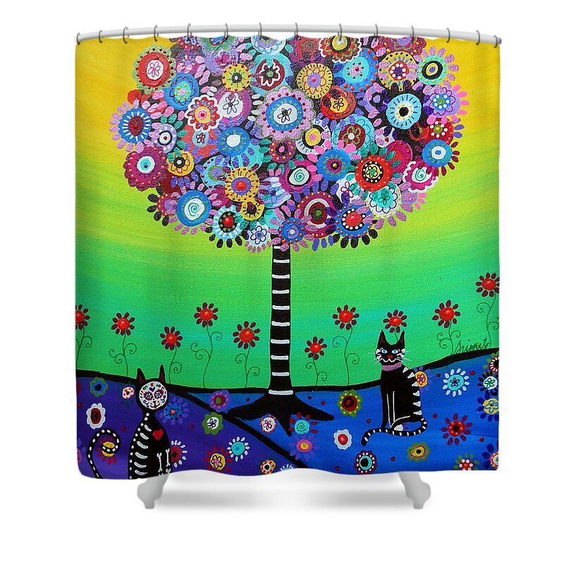 Day Of The Dead Shower Curtain featuring the painting Day Of The Dead Cat'slife by Pristine Cartera Turkus