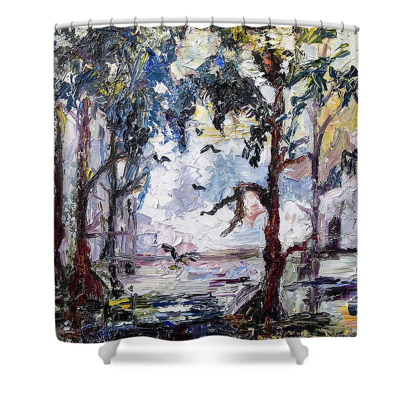 Impressionist Shower Curtain featuring the painting Daybreak In The Okefenokee by Ginette Callaway