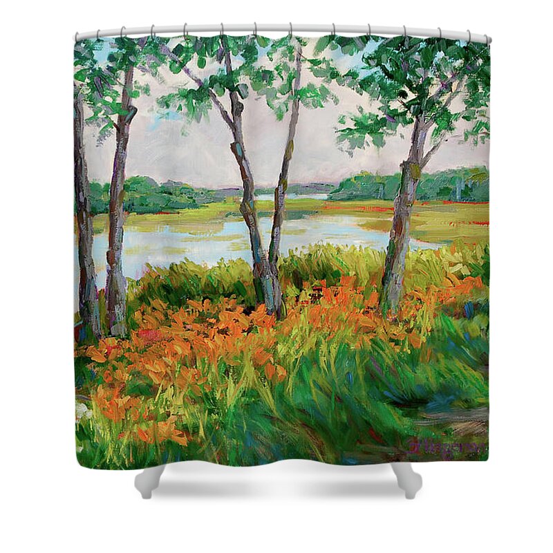 Summer Lilies Shower Curtain featuring the painting Daylilies At Whalebone Creek by Barbara Hageman