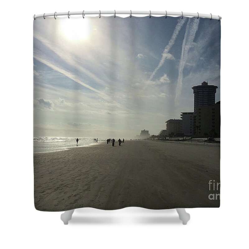 Early Morning Walking The Beach In Daytona Shower Curtain featuring the photograph Daytona Beach Early by Audrey Peaty