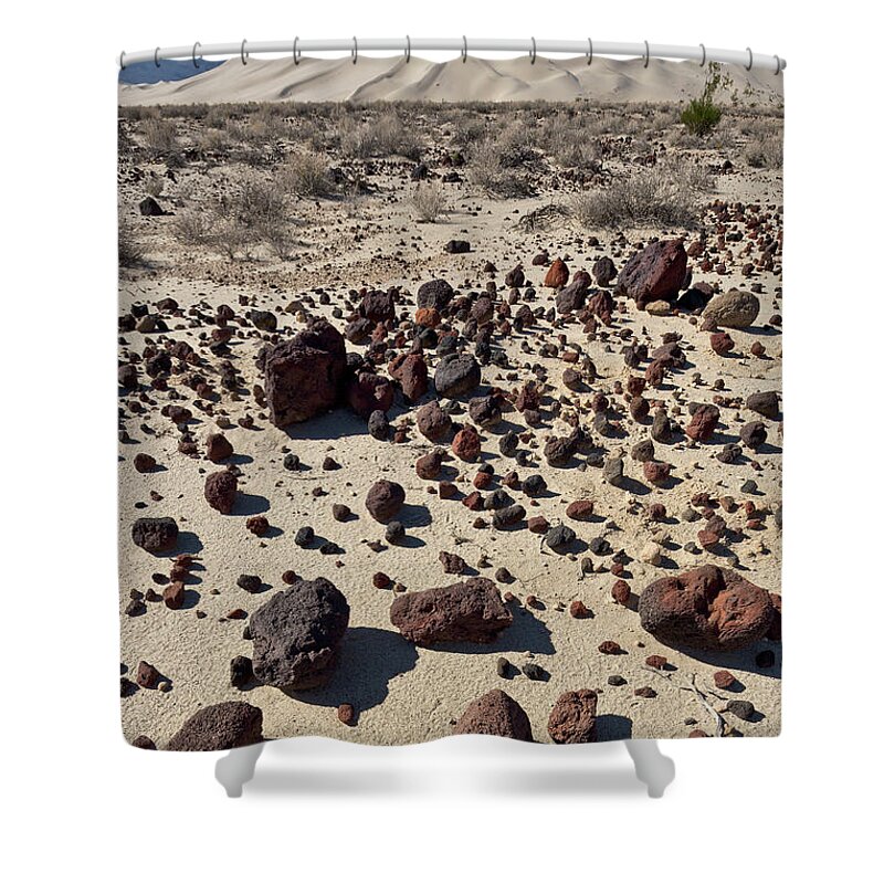 00559256 Shower Curtain featuring the photograph Death Valley Dunes and Rocks by Yva Momatiuk John Eastcott