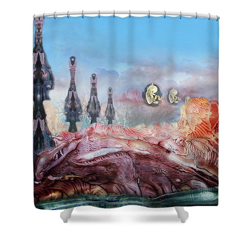 Otto Rapp Shower Curtain featuring the digital art Decalcomaniac Transmission Towers by Otto Rapp
