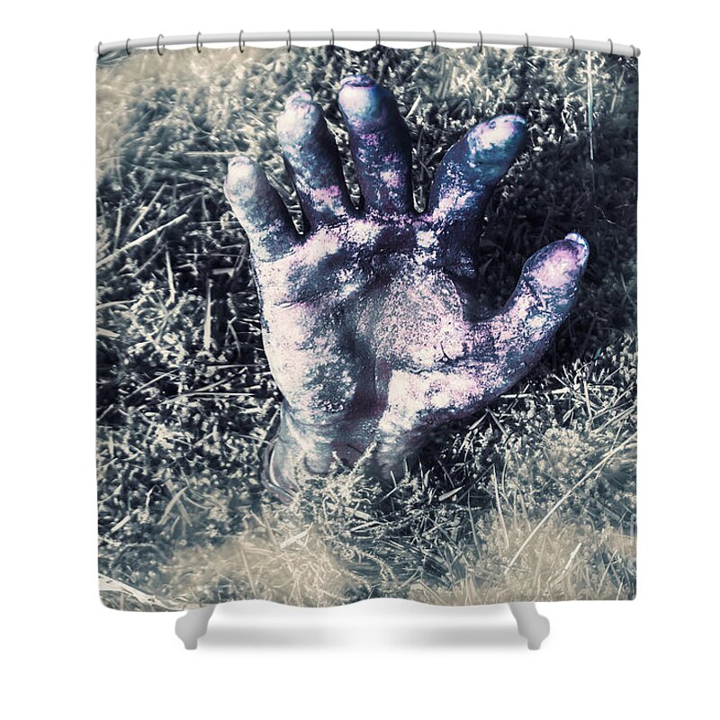 Horror Shower Curtain featuring the photograph Decaying Zombie Hand Emerging from Ground by Jorgo Photography
