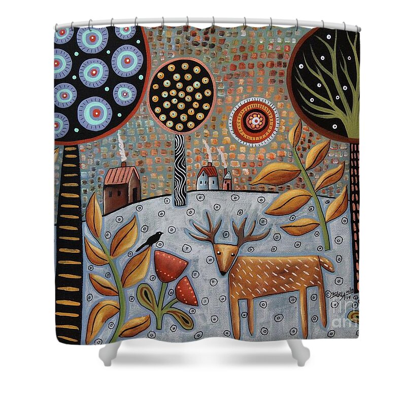 Landscape Shower Curtain featuring the painting Deer And Bird 1 by Karla Gerard