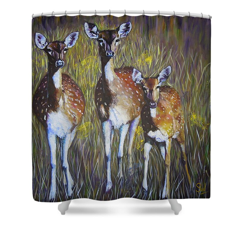 Art Shower Curtain featuring the painting Deer on guard by Shirley Wellstead