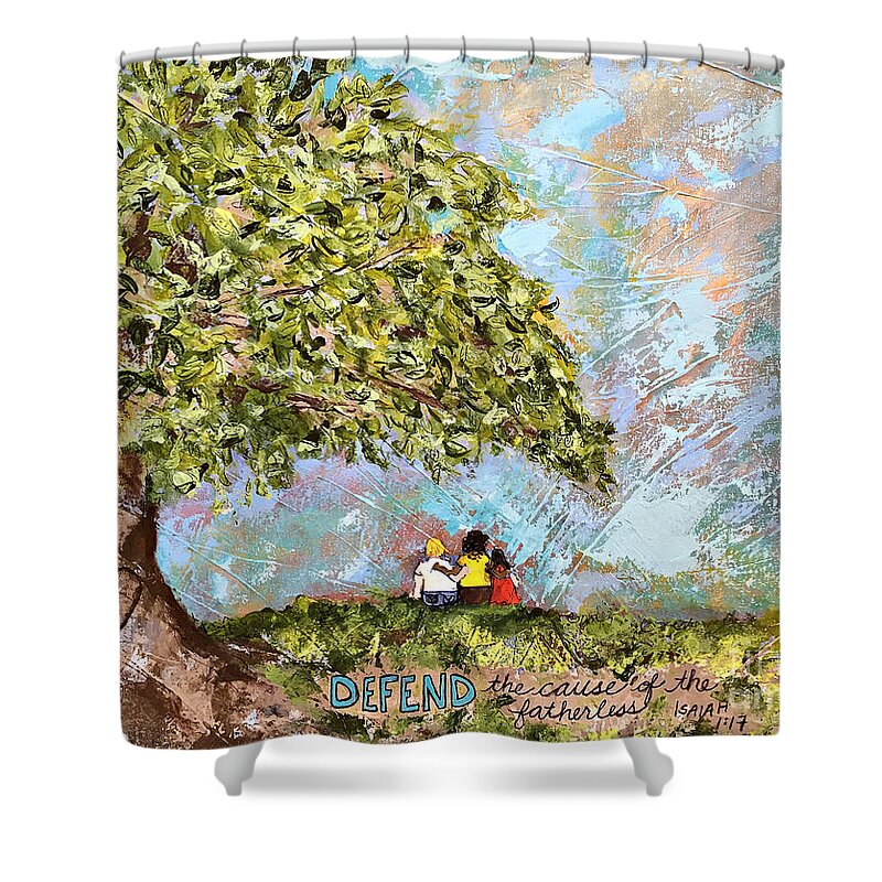Jesus Shower Curtain featuring the painting Defend the Fatherless by Kirsten Koza Reed