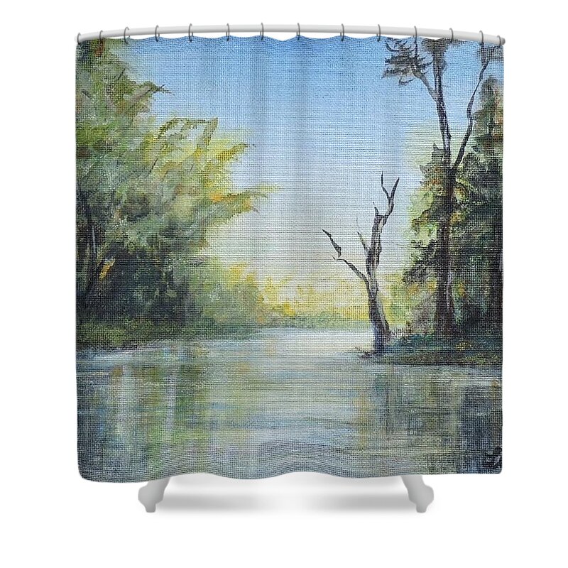 Landscapes Shower Curtain featuring the painting Delaware River by Katalin Luczay