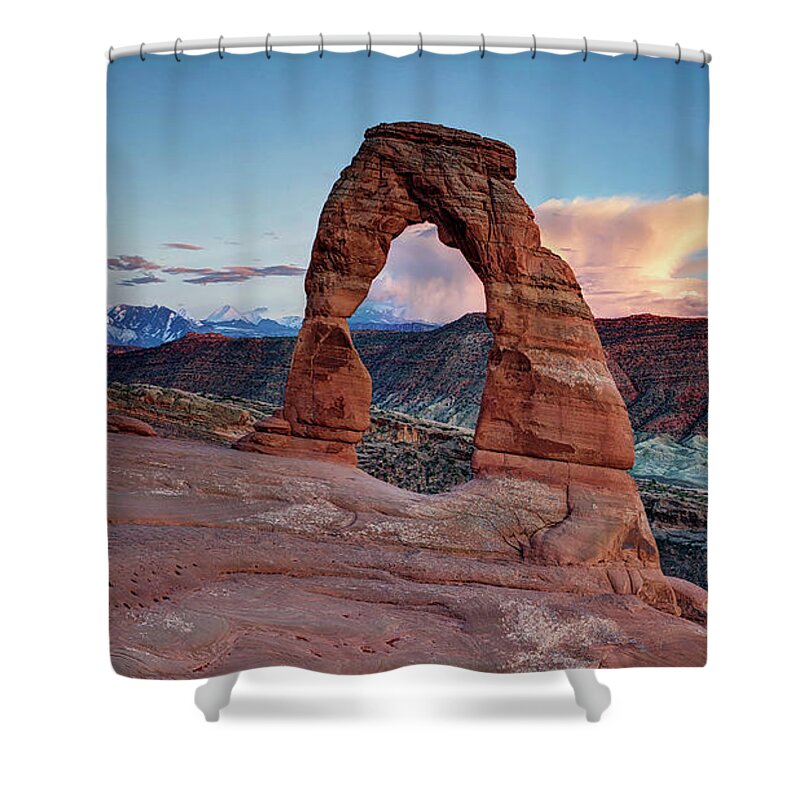 Delicate Arch Shower Curtain featuring the photograph Delicate Arch by OLena Art by Lena Owens - Vibrant DESIGN